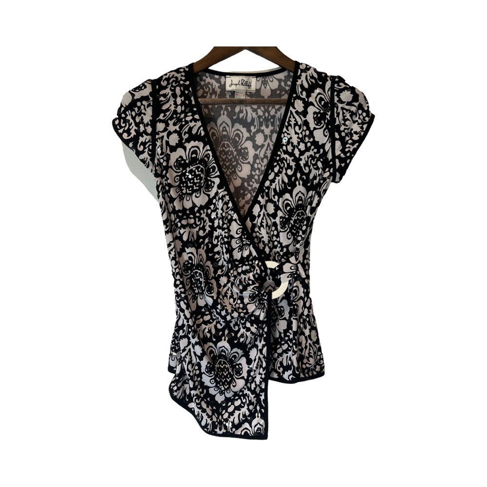 Joseph Ribkoff Y2K Faux Wrap Floral Blouse Clear Sequin Asymmetrical Hem